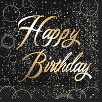 Happy Birthday Black & Gold Glitz Lunch Napkins - Pk 16
