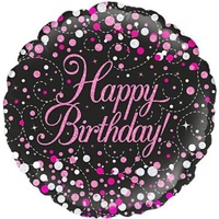 18" Sparkling Fizz Black & Pink Happy Birthday Foil Balloon