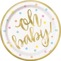 "Oh Baby" Gold & Pastel Dots Paper Plates (23cm) - Pk 8