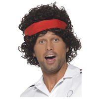 80s Tennis Player Curly Black Wig & Headband