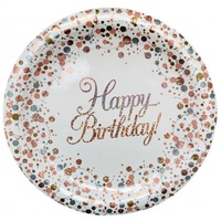 Sparkling Fizz Rose Gold 9" Happy Birthday Paper Plates - Pk 8