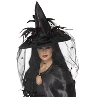 Witch Hat Feathers and Netting Black Deluxe