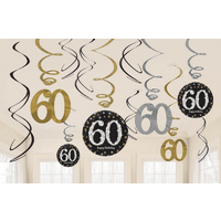60th Birthday Sparkling Hanging Swirls - Pk 12