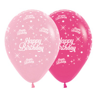 12" Happy Birthday Printed Pink Balloons - Pk 6