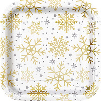 Gold & Silver Snowflake Square Paper Plates (22cm) - Pk 8