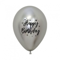 Happy Birthday Chrome Printed Silver Balloons - Pk 50