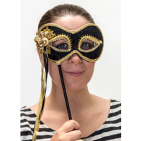 Deluxe Black & Gold Masquerade Mask on Stick