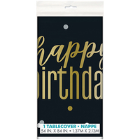 Black and Gold Happy Birthday Plastic Tablecover - 1.37m x 2.13m