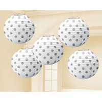 Mini White Paper Lanterns with Grey Polka Dots - 3pk - 12.7cm