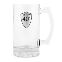 Happy 40Th Beer Mug With Handle And Pewter Badge