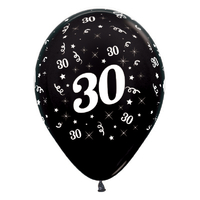 Sempertex 30cm Age 30 Metallic Black Latex Balloons, 6PK