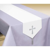 White/Silver Religious Cross Fabric Table Runner