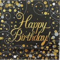 "Happy Birthday" Black/Gold Sparkling Fizz Napkins - Pk 16