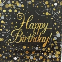 "Happy Birthday" Black/Gold Sparkling Fizz Napkins - Pk 16