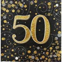 "50" Black/Gold Sparkling Fizz Napkins - Pk 16