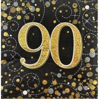 "90" Black/Gold Sparkling Fizz Napkins - Pk 16