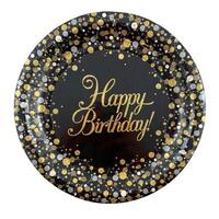 "Happy Birthday" Black/Gold Sparkling Fizz Paper Plates (23cm) - Pk 8