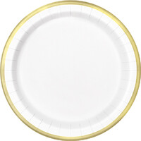 White Paper Plates w/ Gold Foil Trim (18cm) - Pk 8