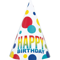Happy Birthday Rainbow Dots Party Hats - Pk 8