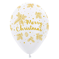White/Gold Merry Christmas Latex Balloons (30cm) - Pk 50
