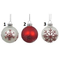 (3 Designs) Red/White Snow Glass Bauble (8cm)