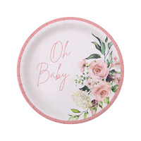 "Oh Baby" Pink Floral Paper Plates (18cm) - Pk 12