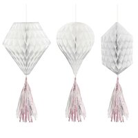 White & Iridescent Paper Honeycomb Hanging Decorations - Pk 3