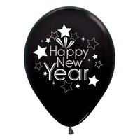 Happy New Year Metallic Black Latex Balloons (30cm) - Pk 6