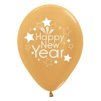 Happy New Year Metallic Gold Latex Balloons (30cm) - Pk 6