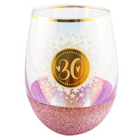 "30" Pink Glitterati Stemless Wine Glass