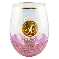 "50" Pink Glitterati Stemless Wine Glass