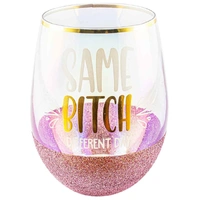 "Same Bitch Different Day" Pink Glitterati Stemless Wine Glass