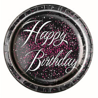 "Happy Birthday" Pink/Black Glitz Paper Plates - Pk 8