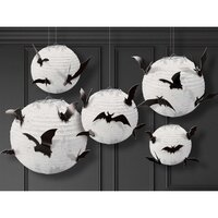 Halloween White Paper Lanterns & Add-On Bat Cutouts - Pk 5