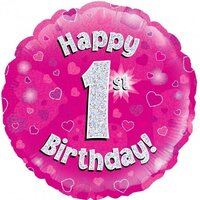 1st Birthday Holo Pink Round Foil Balloon (18in.)