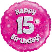15th Birthday Holo Pink Round Foil Balloon (18in.)