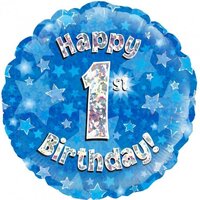 1st Birthday Holo Blue Round Foil Balloon (18in.)