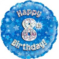 8th Birthday Holo Blue Round Foil Balloon (18in.)