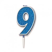 Glitter Blue Number 9 Candle - 7.5cm