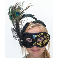 Black and Gold Mask with Peacock Feather