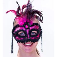 Pink and Black Lace Mask with Feather