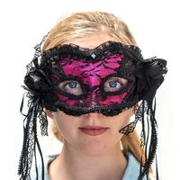 Pink and Black Flower Mask with Lace Ribbon