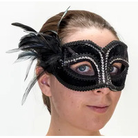 Black and Silver Elastic Mask with Feathers