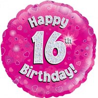 Pink Foil Holographic "Happy 16th Birthday"  (46cm) Pk 1