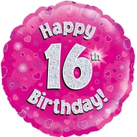 Pink Foil Holographic "Happy 16th Birthday"  (46cm) Pk 1