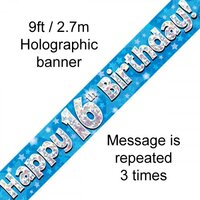 Blue Happy 16th Birthday Holographic Banner (270cm) Pk 1