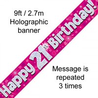 Pink Holographic Happy 21st Birthday Banner (270cm) Pk 1