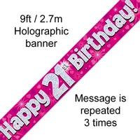 Pink Holographic Happy 21st Birthday Banner (270cm) Pk 1