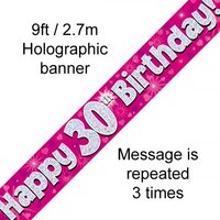 Pink Holographic Happy 30th Birthday Banner (270cm) Pk 1