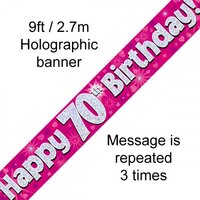 Pink Holographic Happy 70th Birthday Banner (270cm) Pk 1